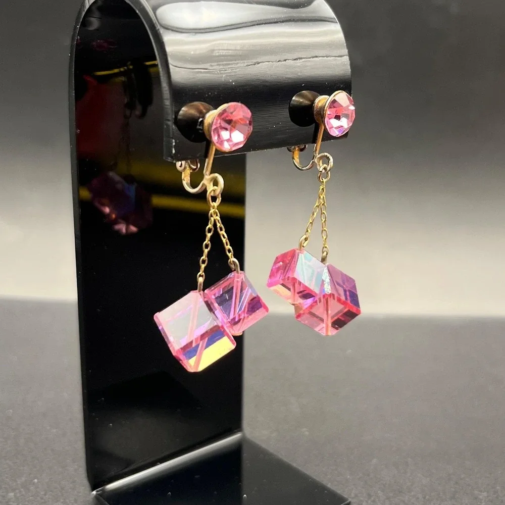 Vintage Pink AB Crystal‎ Cube Clip On Earrings Mid Century Geometric Drop 2